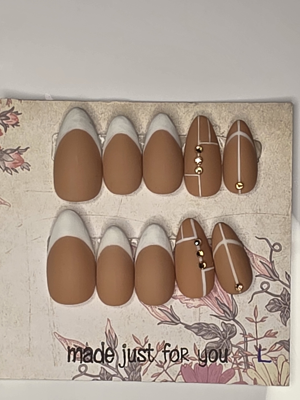 Neutral Tan & White Matte Press-On Nails with Accent Gems
